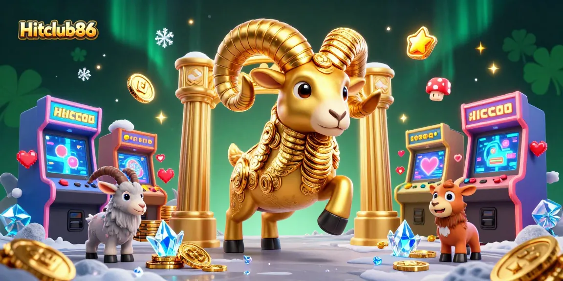 Experience Hitclub86's vibrant online gaming scene with a golden ram charging through a colorful casino.