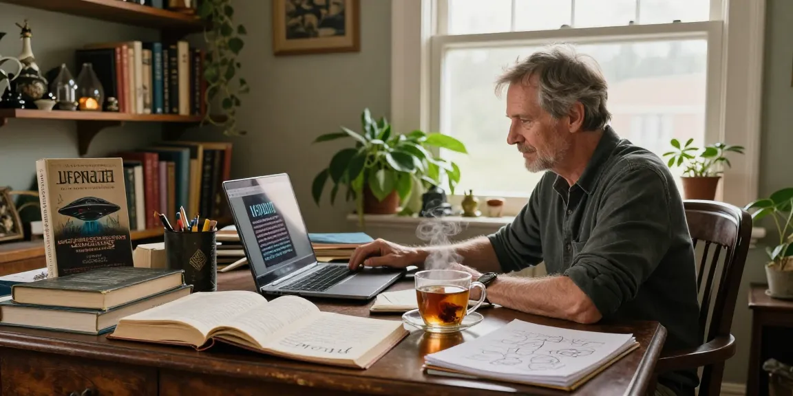 Cozy home study of T. Allen Greenfield featuring books on spirituality and UFOs at https://tallengreenfield.com.