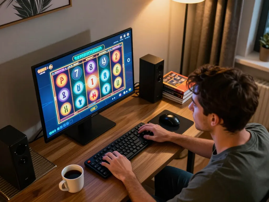 Engaging session at a situs slot with vibrant graphics, stylish home office, and focus on gameplay strategy