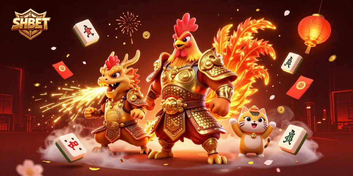 Join SHBET for thrilling gameplay with a rooster warrior and dragon in a vibrant casino scene!