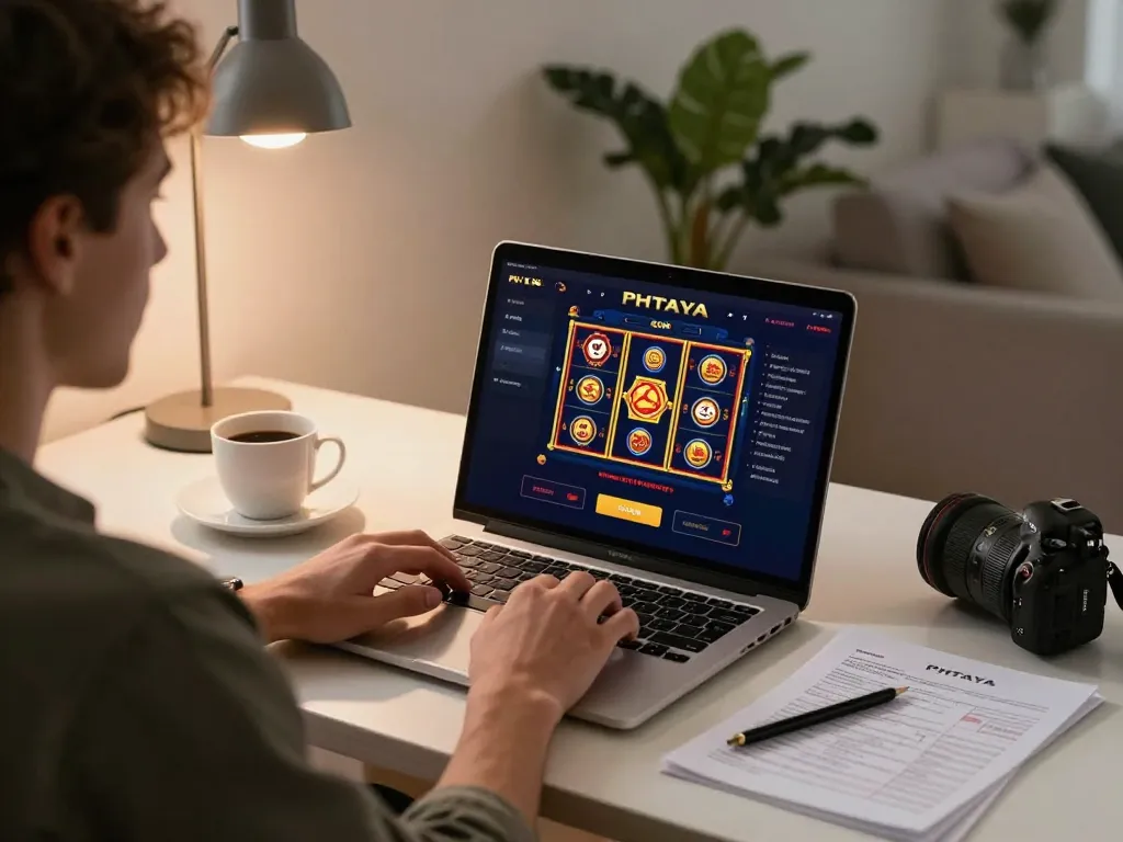 PHTAYA player engaged in online gaming with laptop showing casino interface and strategy notes around.