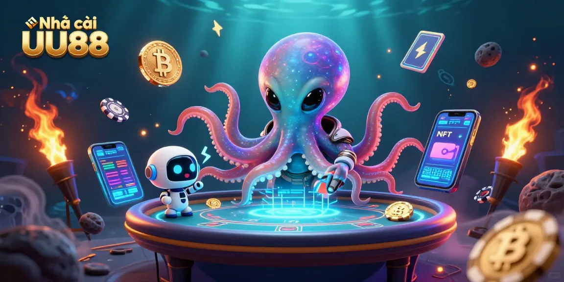 Experience the thrill of Nhà cái UU88 with a vibrant alien poker scene featuring exciting gaming elements.