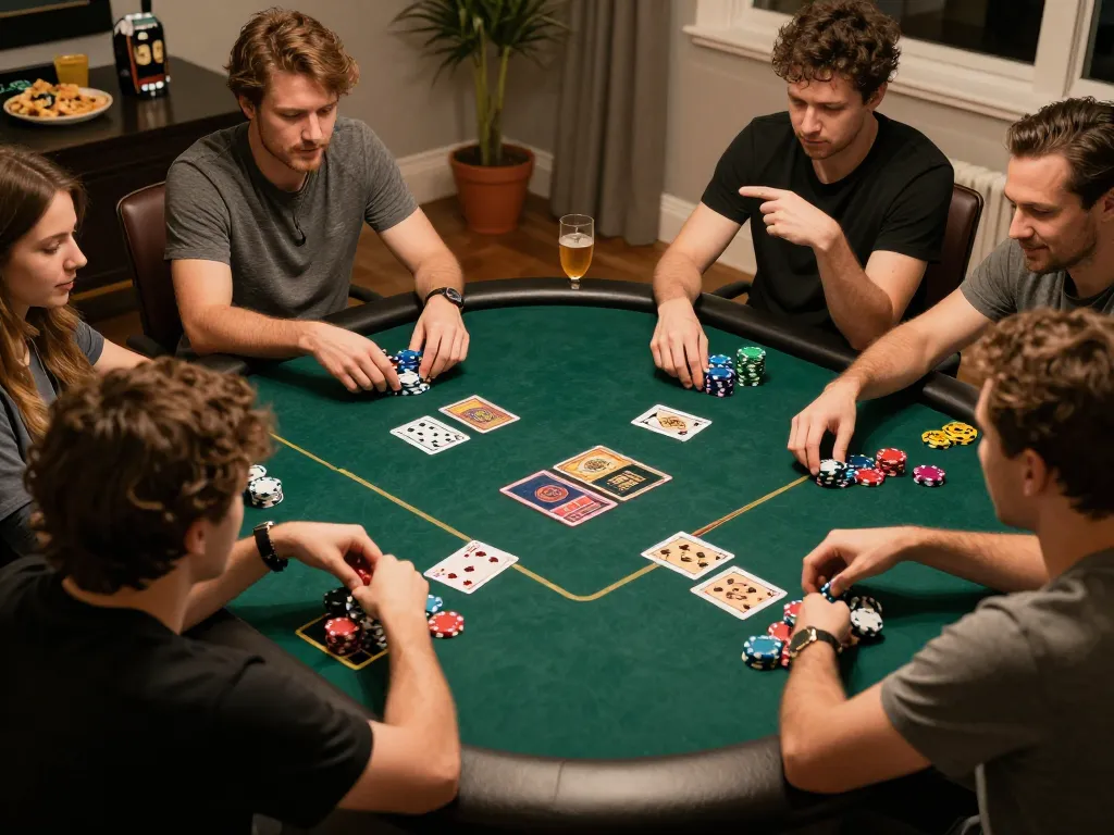 Watch players strategize in a home poker night with open888, chips and cards visible.