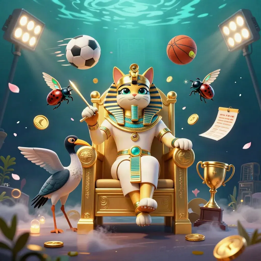 Pharaoh cat, ibis scribe and gem-winged scarabs amid flying balls, coins and gold light.