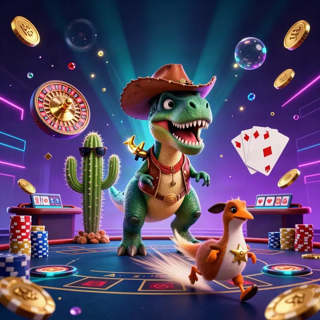 Cowboy T-rex with cactus sidekick and roadrunner amid casino treasures and neon glow.