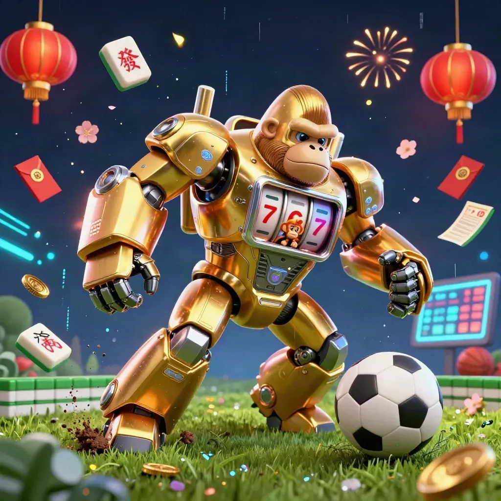 Golden gorilla mech and monkey pilot blast a soccer ball amid casino sparks and neon gear.