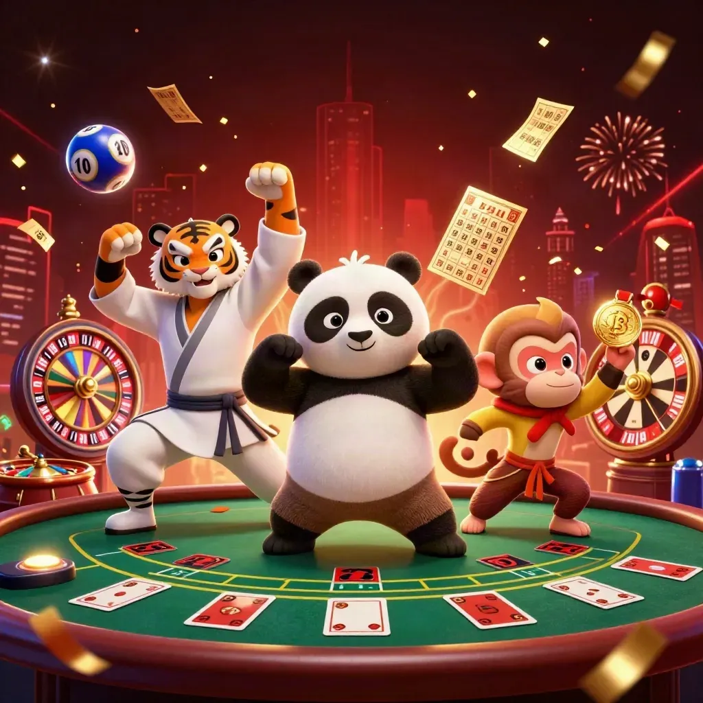 Tiger, panda, and monkey in a vibrant casino scene with spinning game elements and fireworks