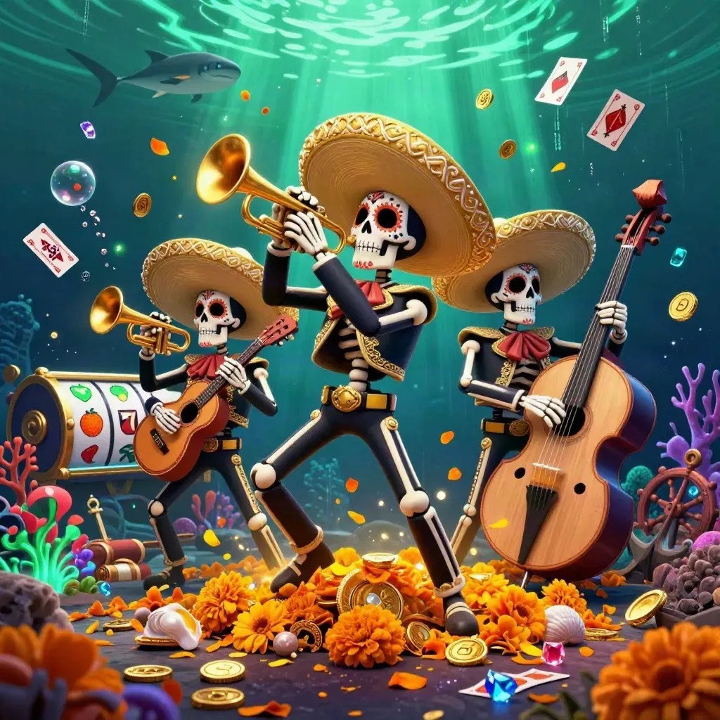 Skeleton mariachi trio in an underwater treasure cove with emerald casino glow and gold coins.