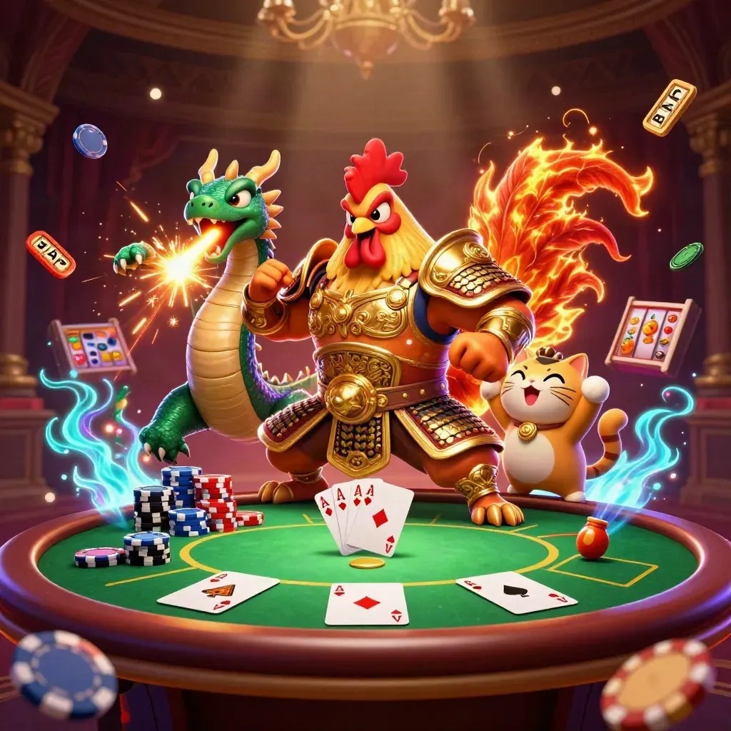 Rooster warrior, dragon hatchling, and fortune cat amid casino chips and emerald glow.