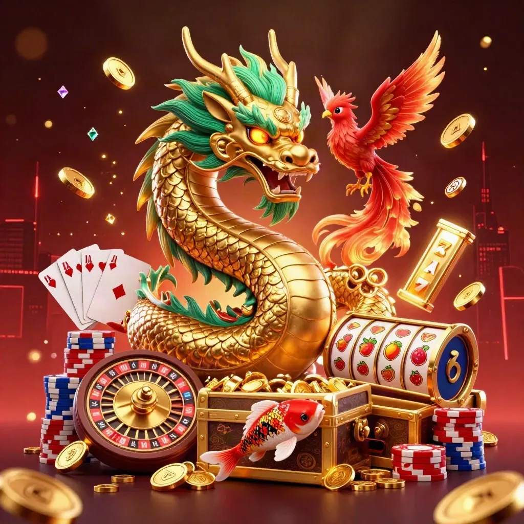 Golden dragon with phoenix and koi amid coins, chips, roulette, cards, and casino glow.