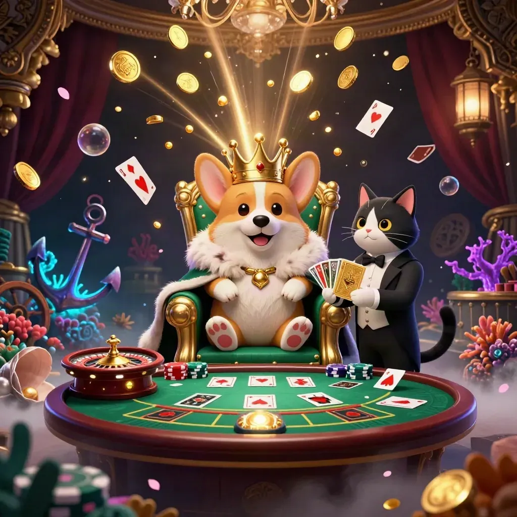 Royal corgi and cat butler amid coin shower, treasure cove, and casino props.