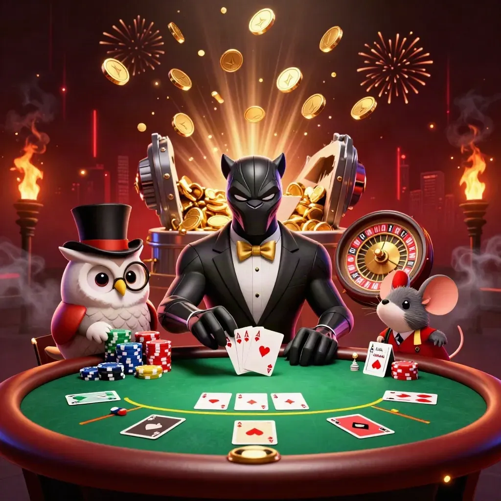 Panther, owl, and mouse around a glowing casino table with coins, chips, cards, and fireworks.