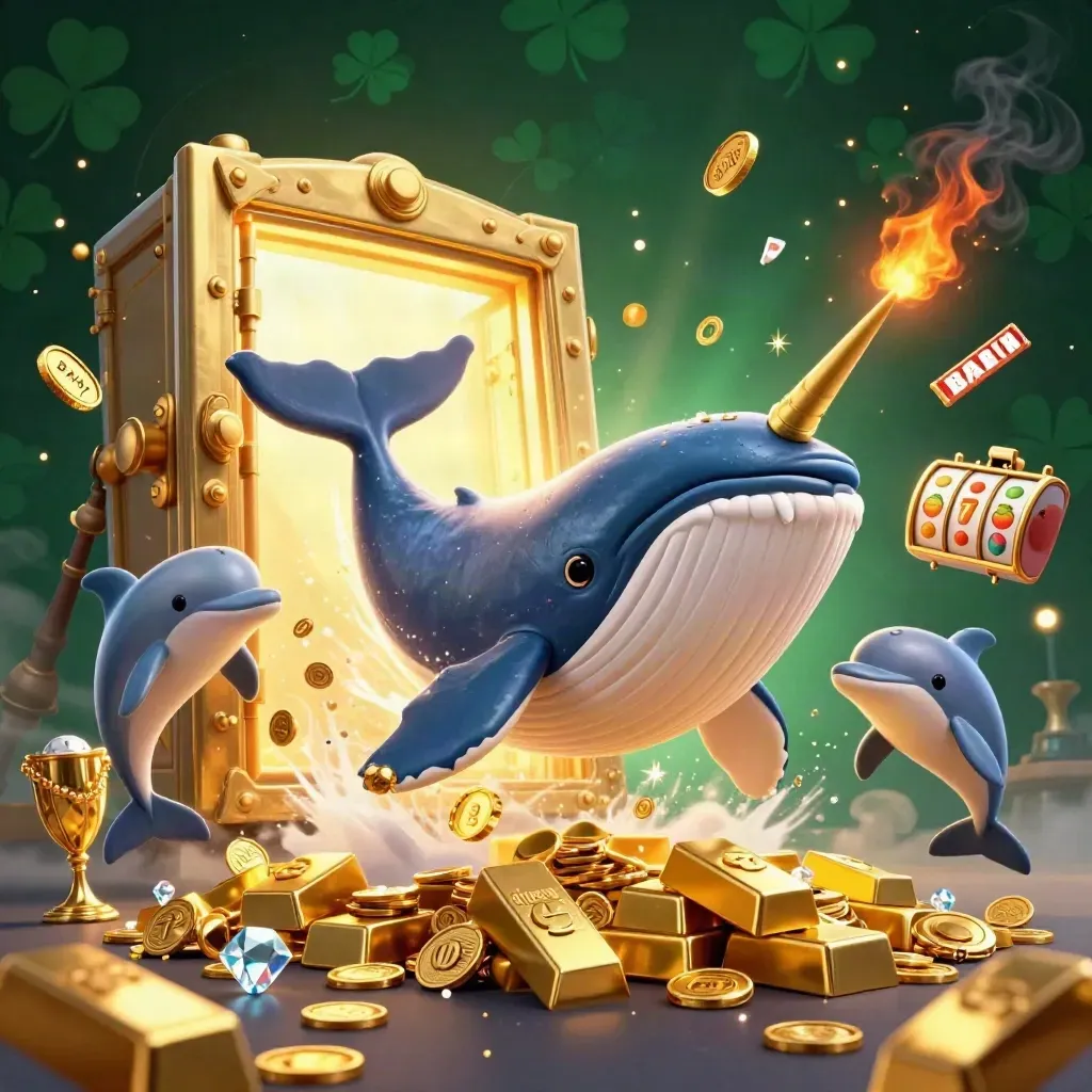 Whale captain breaching coin sea with narwhal, dolphins, vault, gold, and casino symbols.