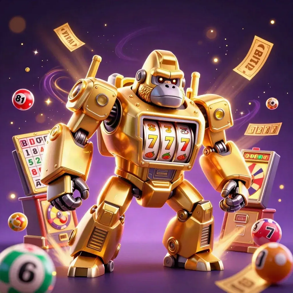 Golden gorilla slot-mech with tiny monkey pilot, reels, balls, wheel, and glowing casino effects.