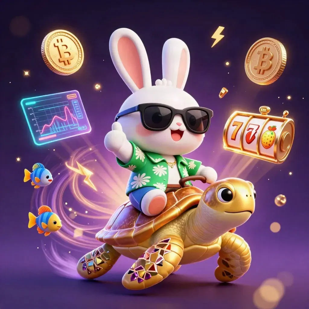 Lucky rabbit on a gold turtle with casino coins, fish, reels, and neon magic.