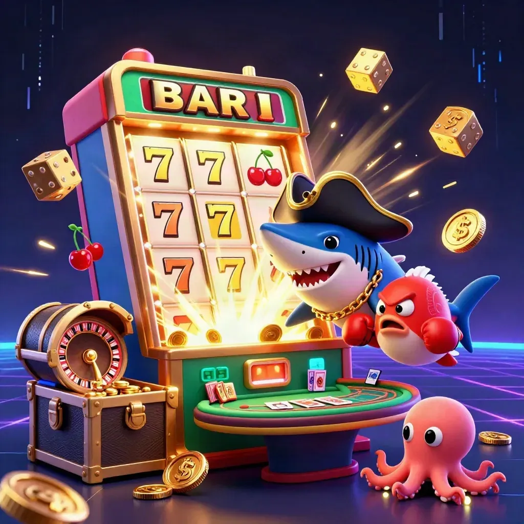 Pirate shark, red pufferfish and baby octopus amid a bursting slot machine and casino symbols.