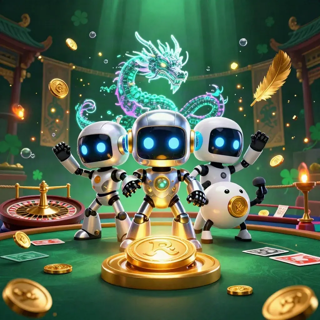 Robot, holographic dragon, and coin drone around a glowing gold support button