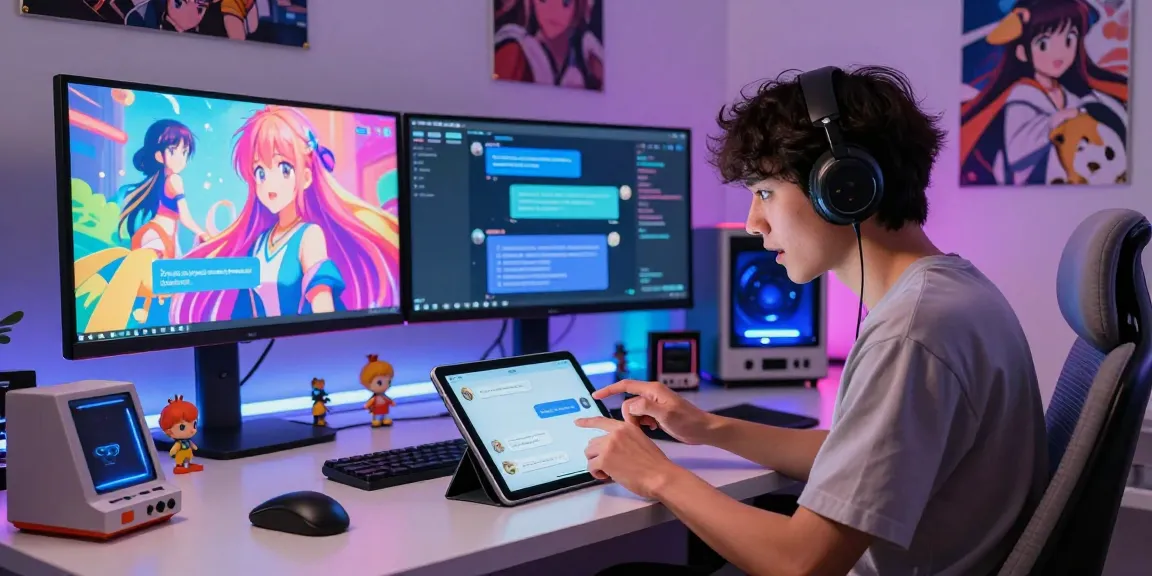 Engaging scene of a user interacting with a hentai ai chatbot on a tablet, surrounded by vibrant anime holograms.