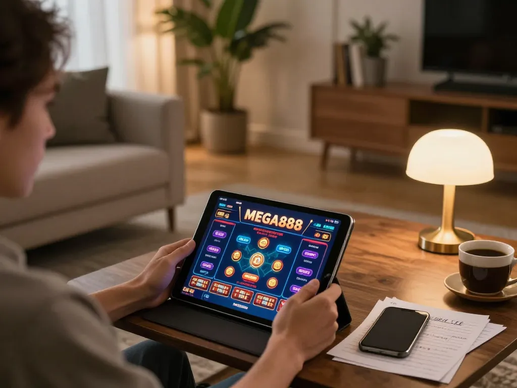 Player enjoying MEGA888 online gaming on tablet in a warm, inviting home environment