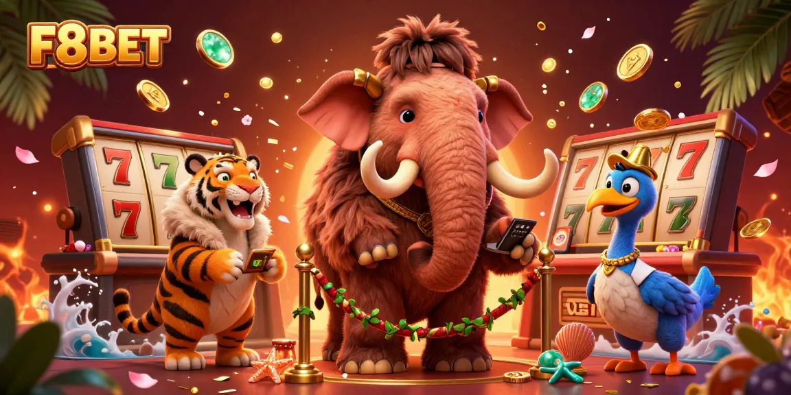 Engage with thrilling gaming at F8BET, where a woolly mammoth bouncer checks IDs in a festive casino scene.