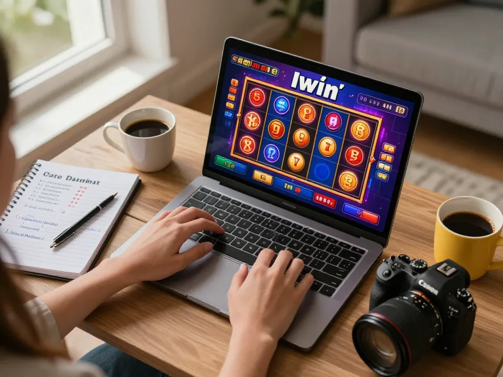 Iwin online gaming experience with vibrant slot reels on laptop, cozy home atmosphere