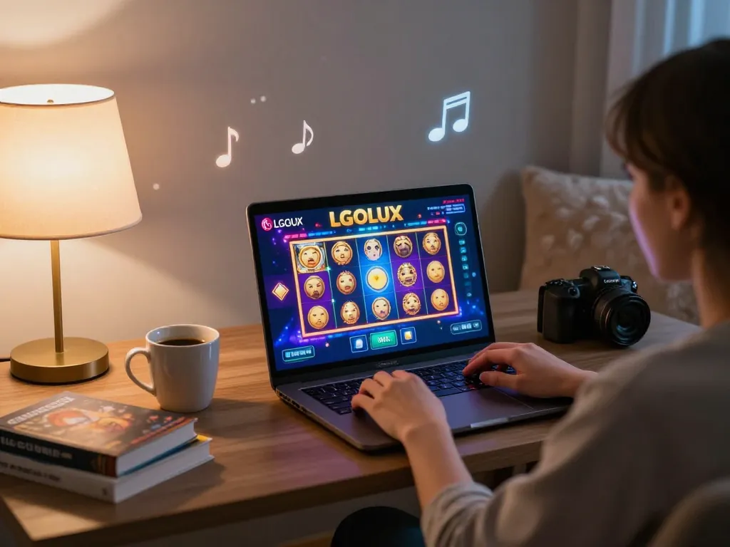 Player spins reels on LGOLUX slot game at home, vibrant colors and cozy atmosphere.