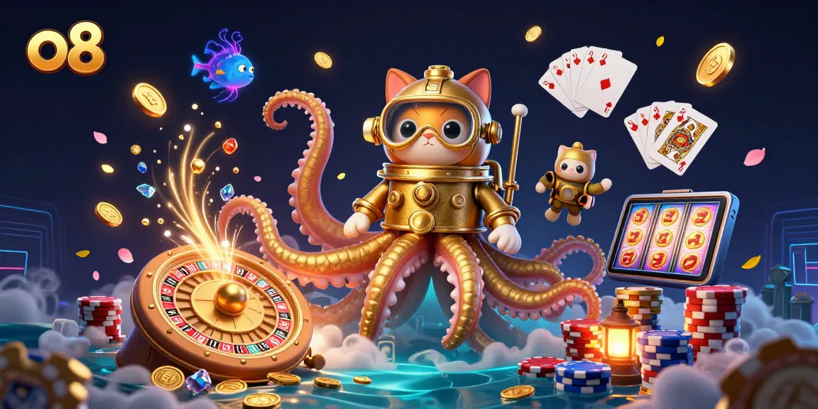 Engage with the thrilling world of o8 casino games featuring a kraken and diving cat illustration.