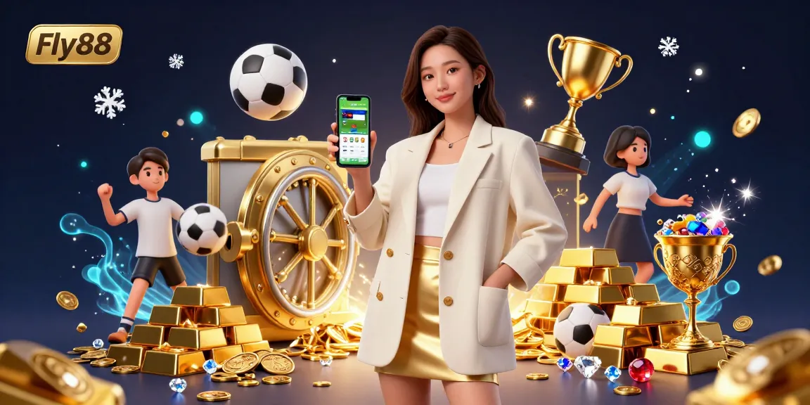 Bet on Fly88: Asian woman holds a sports betting app, surrounded by wealth and celebration.