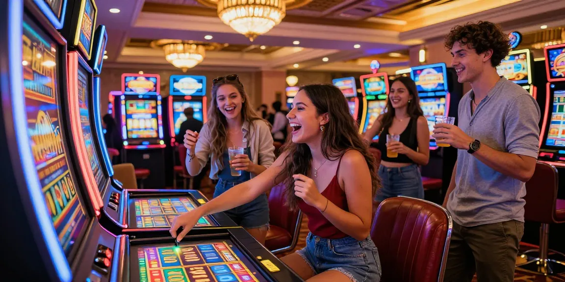 Exciting scene of friends playing toto slot machine in a casino atmosphere with vibrant lights and cheers.