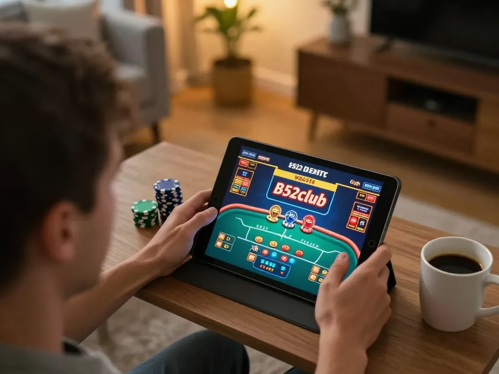 b52club user enjoying online poker on a tablet in a cozy home environment