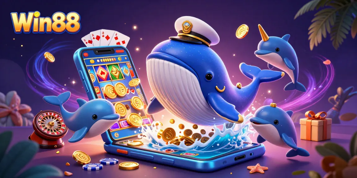 Experience the thrill of Win88 with a vibrant illustration of a whale exploring a treasure of coins.