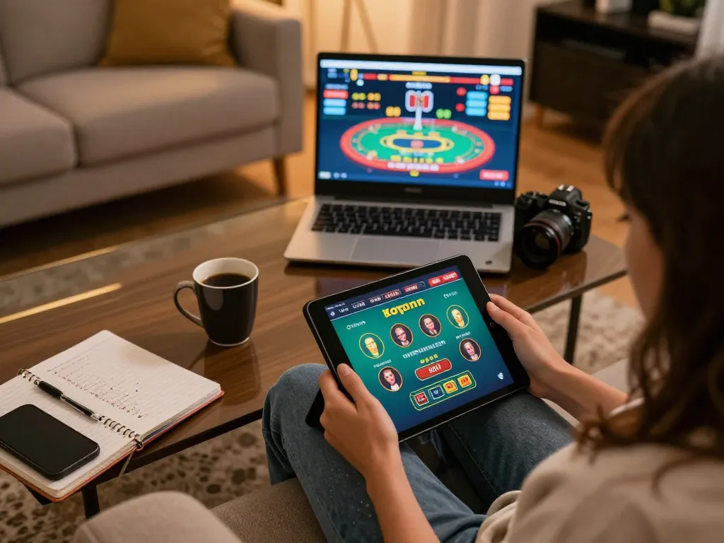 Engaged player strategically using F168 casino app on tablet for online gaming.