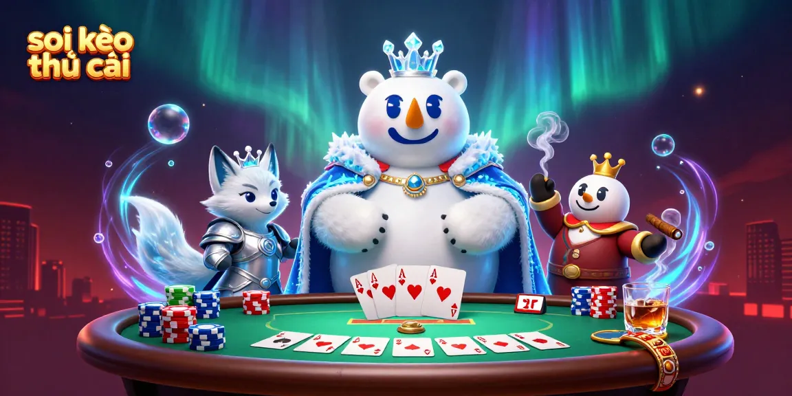 Engage in the action of soi kèo nhà cái with a vibrant poker scene featuring a polar bear and snow fox in an enchanted atmosphere.