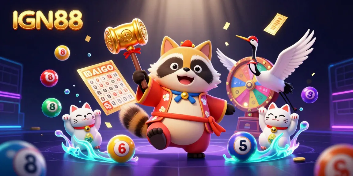 Win big with IGN88 in a vibrant casino scene featuring lucky characters and game elements.