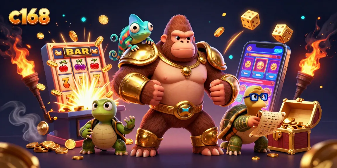 Engage with c168's entertaining 3D casino scene featuring a gorilla king and dynamic game elements.