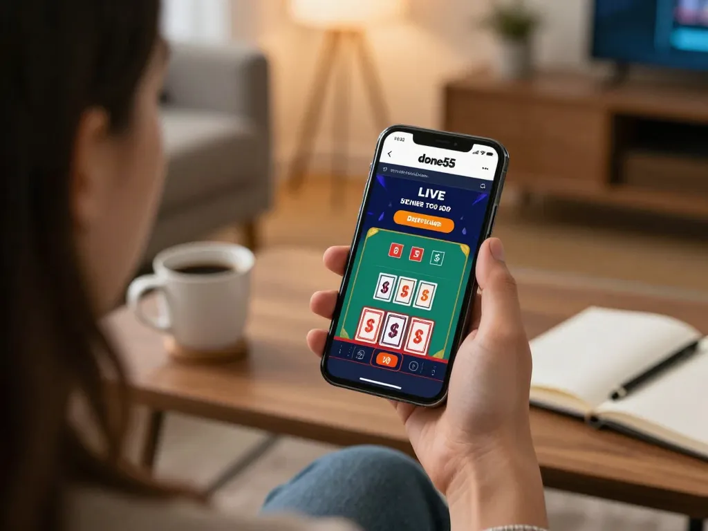 User plays done55 app on smartphone, enjoying a live dealer game in a cozy home setting.