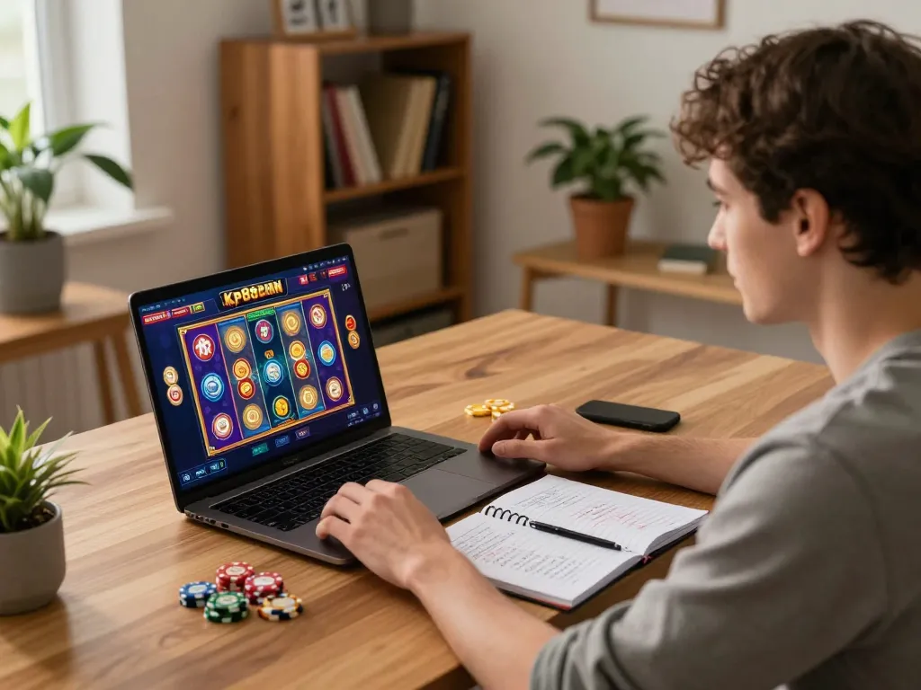 Engaged user playing kp88 casino games on a laptop, showcasing a cozy gaming atmosphere.