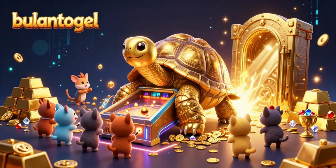 Experience the excitement of bulantogel, showcasing a vibrant 3D illustration of a colossal golden tortoise with a pinball machine shell, surrounded by treasures.