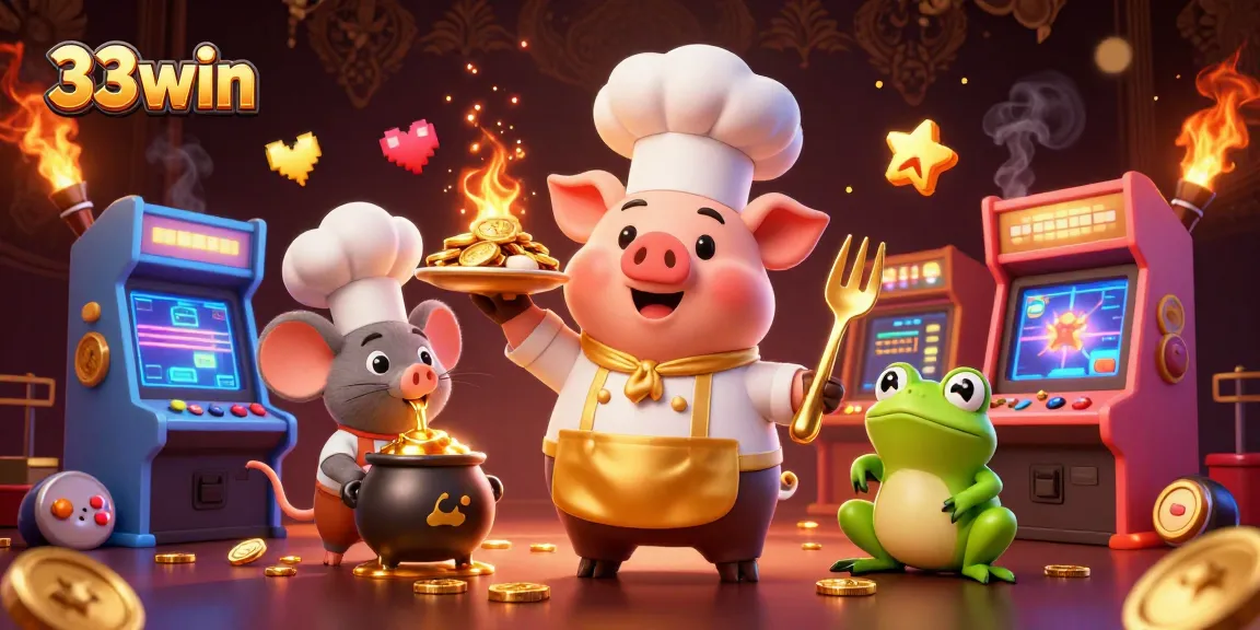 Engage in thrilling gaming adventures with 33win’s vibrant 3D casino scene featuring gold coins and arcade elements.