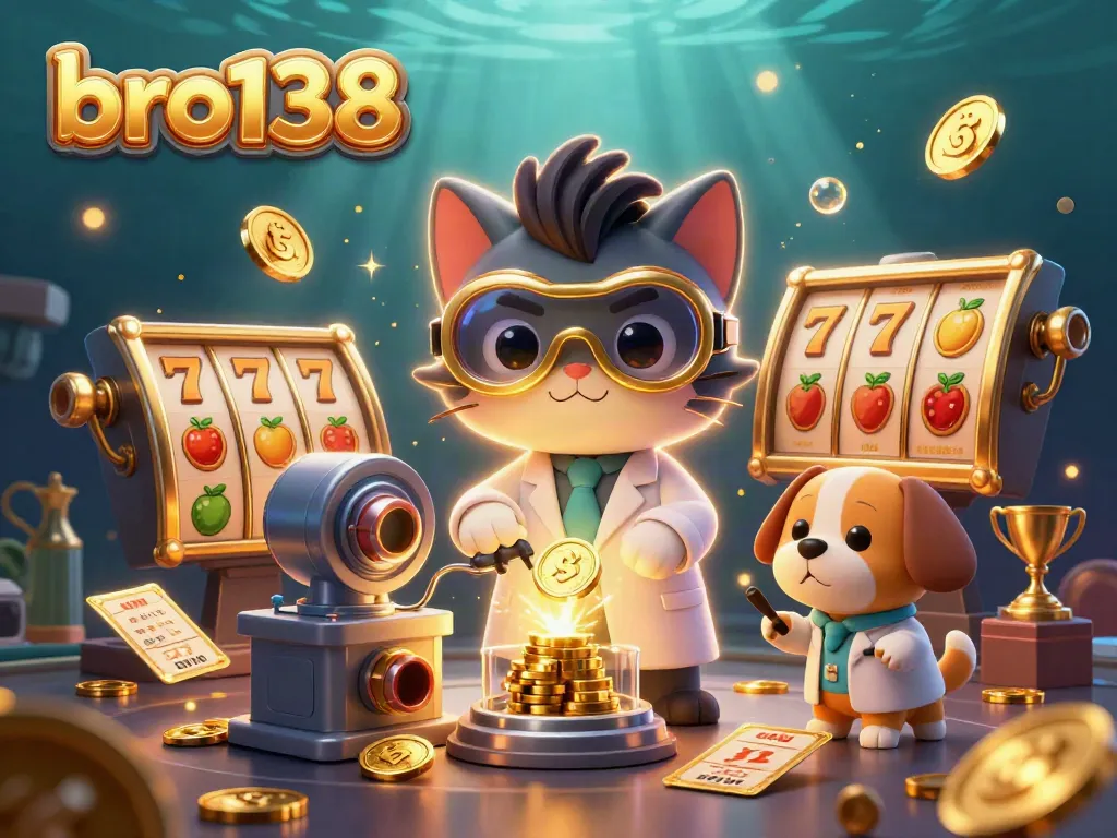 Spin to win with Bro138 in this vibrant, thrilling casino scene filled with slot elements and golden awards.