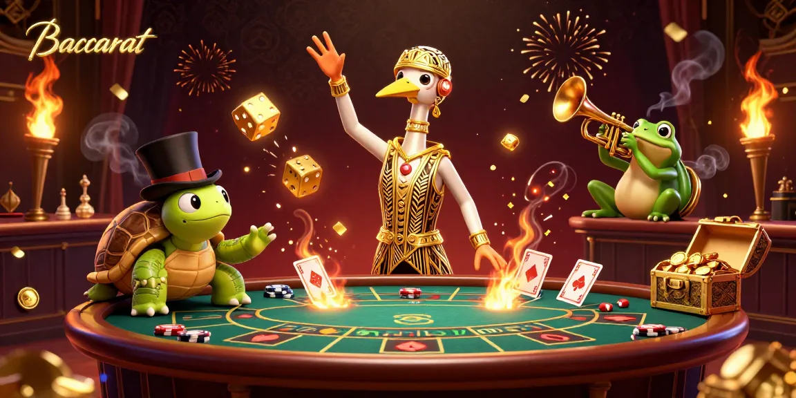 Baccarat game scene featuring lively action with cards and chips flying around, vibrant colors and energy.