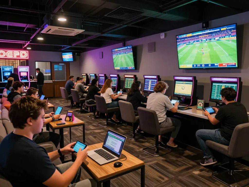 Soi Kèo sports betting action in a lively lounge with users engaging with devices and live match screens.
