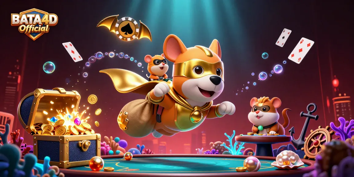 Visualisasi dinamis BATA4D Official dengan anjing superhero terbang, koin emas, dan kartu poker.