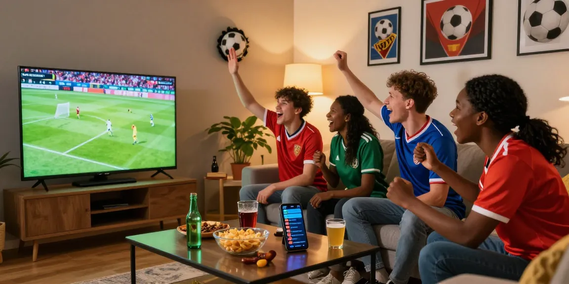 Group cheering while watching بث مباشر football match in a cozy living room.