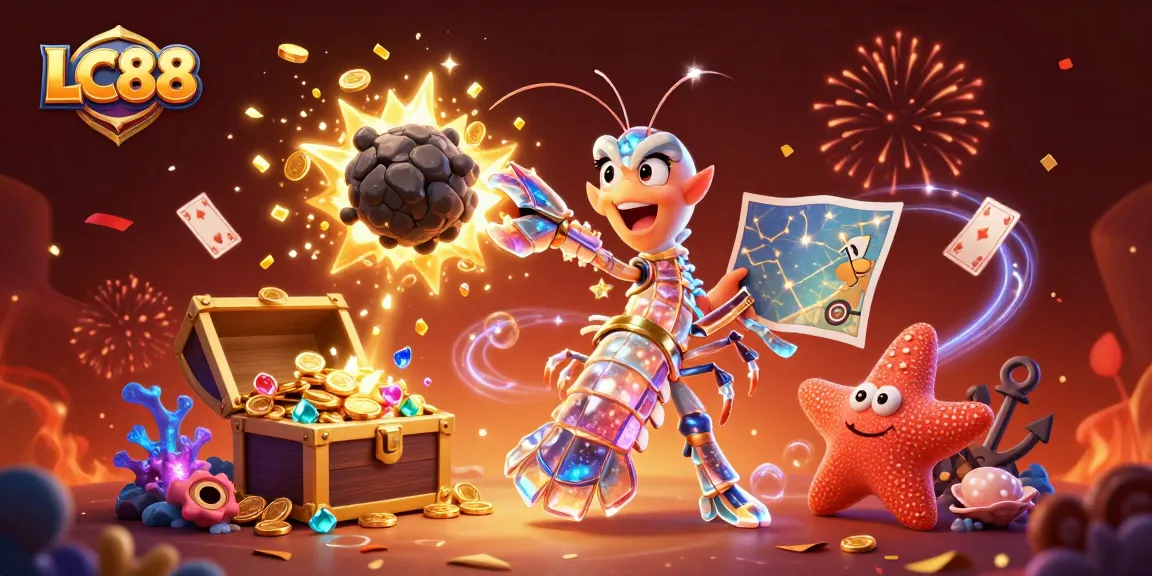 LC88 showcases a vibrant galactic samurai shrimp bursting with gems while gambling elements surround it.