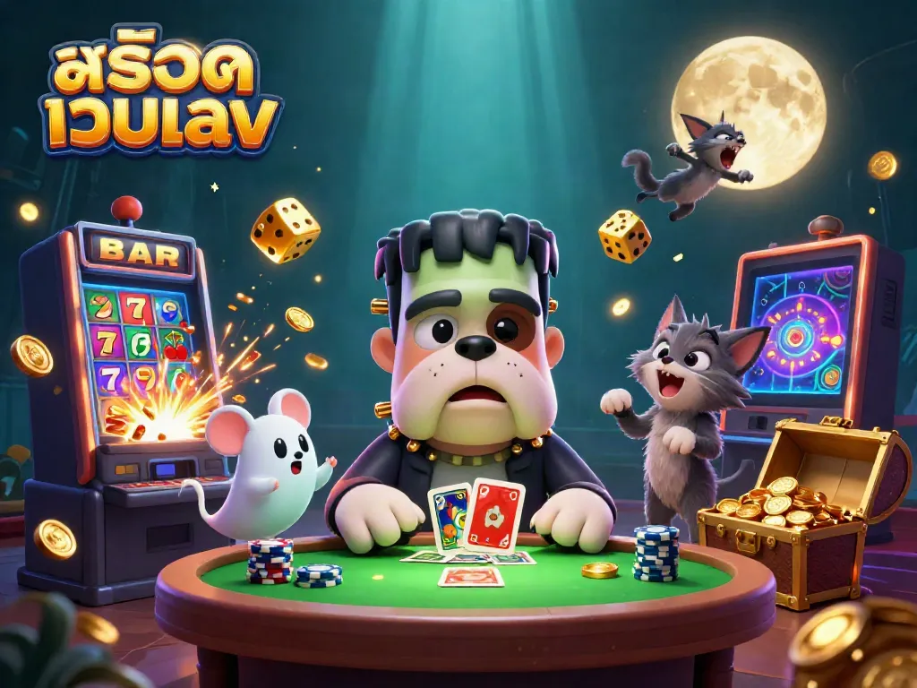 Engage with immersive สล็อตเว็บตรง casino action as a cartoon bulldog monster deals cards at a lively table.