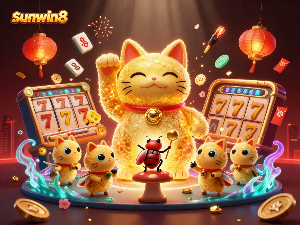 Experience thrilling gameplay at sunwin8 with a dynamic scene showcasing a lucky cat made of golden fireflies amidst vibrant casino symbols.