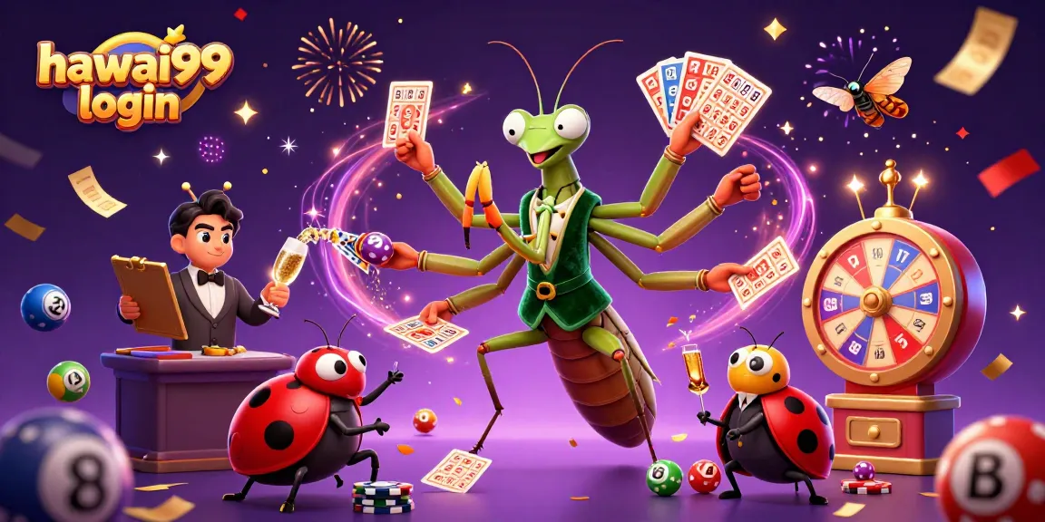 Experience hawai99 login with this vibrant illustration of a casino scene, featuring a unique praying mantis dealer.