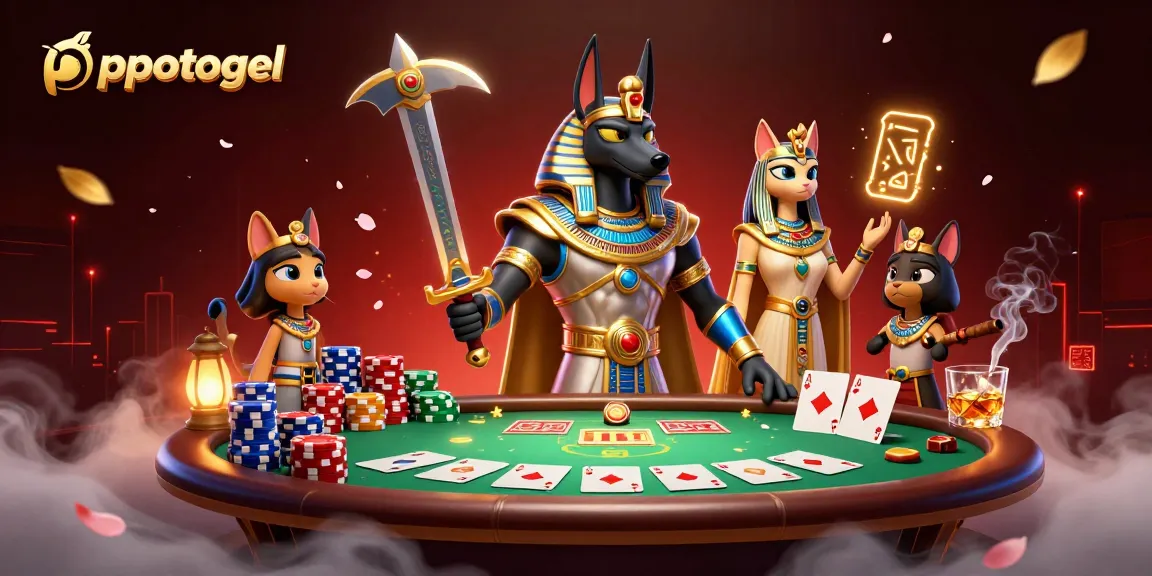 Experience thrilling moments on popotogel with Anubis battling at a vibrant poker table.