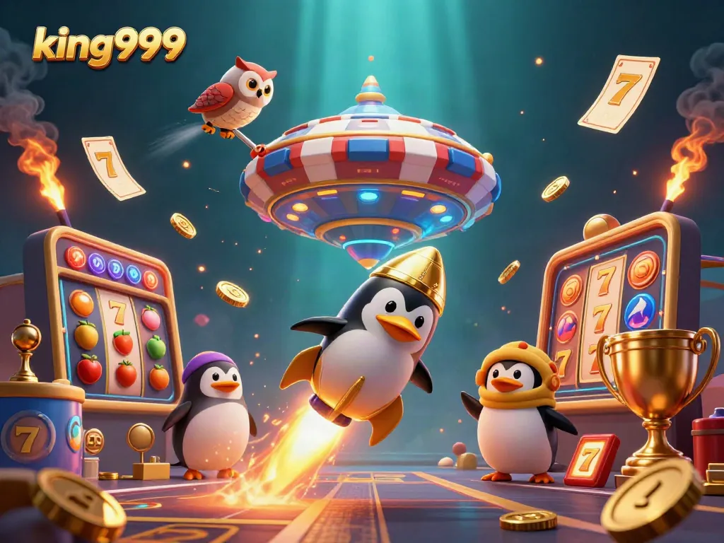Gambarlah king999 dengan penguin emas peluncur roket beraksi di kasino digital.